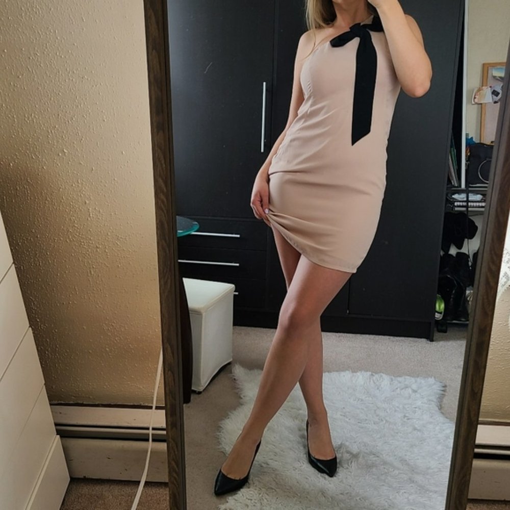 Champagne pink silk One Shoulder bow dress